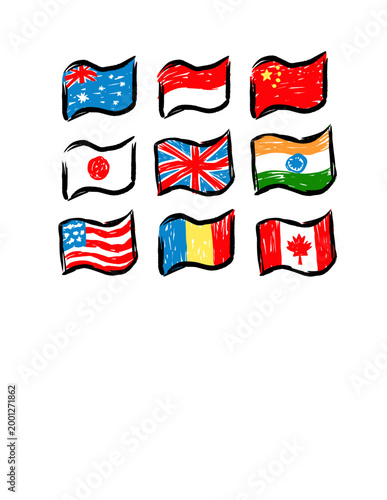 A vibrant set of hand-drawn world flags featuring Indonesia, USA, UK, Japan, and more