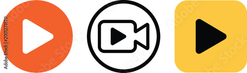 Video play icon set, vector UI icons in orange and yellow colors representing play button streaming media playback and digital video interface design elements.