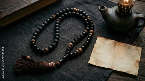 Close-up of prayer beads, vintage paper, and antique lamp with blurred background.