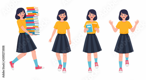 A young girl in a yellow shirt and dark skirt carrying books, standing, and expressing joy, depicting various school-related activities.