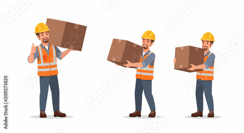Cartoon men in hard hats and safety vests carrying cardboard boxes, depicting manual labor and delivery services.