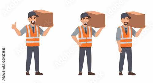 Three cartoon illustrations of a male delivery worker wearing a safety vest and cap, carrying a cardboard box on his shoulder, with one showing a thumbs-up gesture.