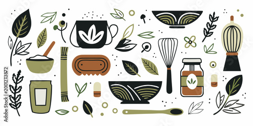 matcha tea culture elements in vector illustration style