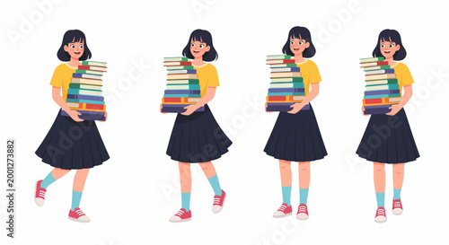 A young woman carrying a large stack of colorful books, depicted in four different poses on a white background, representing education and study.