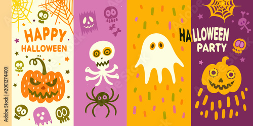 halloween themed cartoon posters with pumpkins ghosts and skeletons