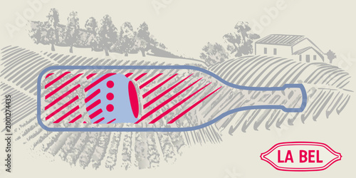 sketched wine bottle with vineyard background high quality