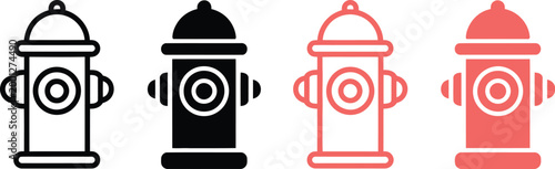 Fire hydrant icon set, modern vector illustrations with black and red safety symbols for firefighting emergency systems and industrial hazard protection design.