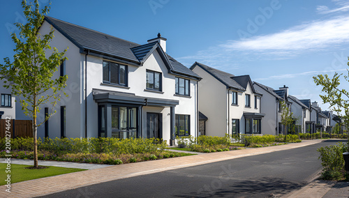 Modern Suburban Housing Estate with White Houses and Green Lawns on a Sunny Day.