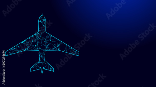 Digital airplane silhouette constructed from glowing blue light points and connecting lines representing modern aviation and global travel technology connectivity