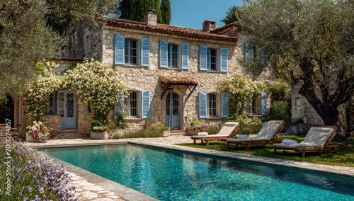 A charming stone house with blue shutters sits nestled amongst lush greenery and a sparkling pool, evoking a sense of idyllic Mediterranean living.