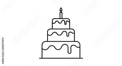 Simple Line Art Birthday Cake with Candle, Celebration Icon