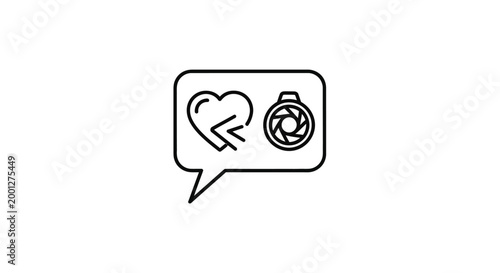 Broken Heart and Camera Lens Icon in Speech Bubble - Sadness, Photography Concept