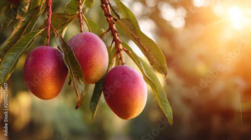 Three ripe mangoes hanging from a tree branch in a sunny orchard.