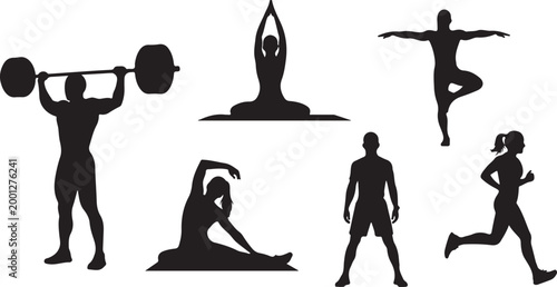 vector illustration of people fitness silhouettes doing exercise with weights in a gym style