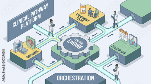 Isometric Clinical Pathway Platform Infographic for Healthcare Digital Transformation and Medical Workflow Management