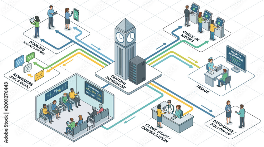 Fototapeta premium Isometric Healthcare Patient Flow Infographic showing Hospital Workflow, Centralized Appointment Scheduling, Triage, Clinic Check-in Kiosks and Digital Medical Consultation Process