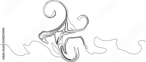 Abstract black and white fluid art with swirling lines forming an intricate central design and wavy patterns below, evoking movement and organic forms.