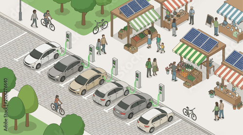 Isometric sustainable city street with electric vehicle charging station, solar powered farmers market and people commuting, eco-friendly urban infrastructure concept for green energy design.
