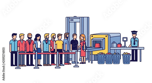 Airport Security Checkpoint Line with People and Scanner