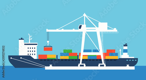Container Ship and Crane at Port, Cargo Loading and Unloading, Logistics and Delivery