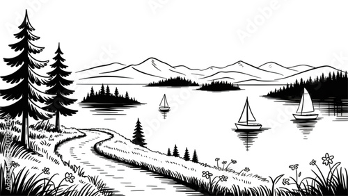 Black and white winter landscape with forest and lake