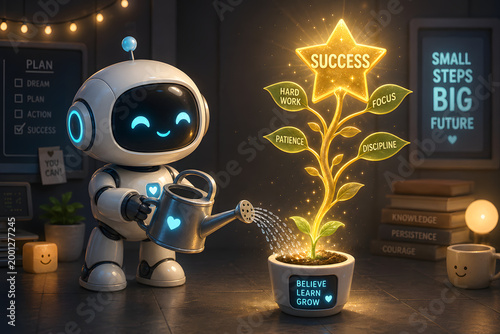 Nurturing Success: A friendly robot diligently waters a glowing plant with the word Success at its peak. This image symbolizes growth, dedication, and the principles needed to achieve goals.