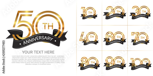 Anniversary logo set with double line number style. golden color with black ribbon can be use for special moment