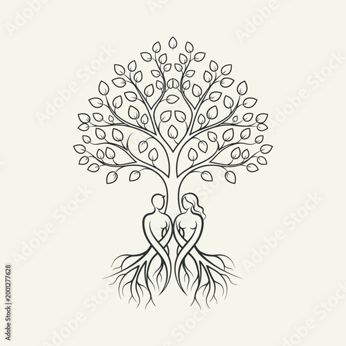 Minimalist line art illustration of a family tree symbol featuring a man and woman as the trunk with roots and branches full of leaves. Concept of family roots, love, ancestry, relationship, growth, a