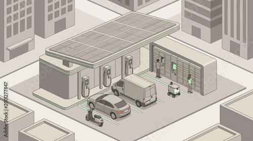 Isometric Electric Vehicle Charging Station with Solar Panels and Automated Parcel Delivery Locker in Modern City for Smart Infrastructure and Sustainable Urban Logistics Concept