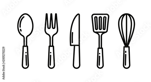 Outline of kitchen utensils on white background spoon fork knife spatula whisk