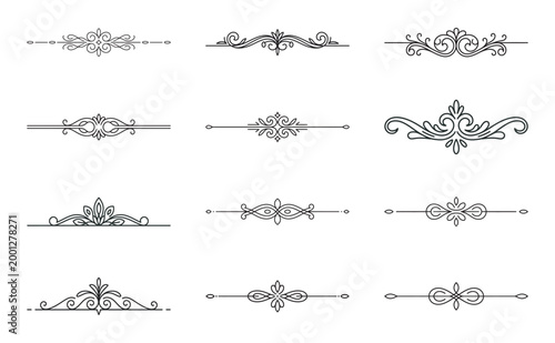 Set of minimalist black ornamental page dividers and fancy text separators.
