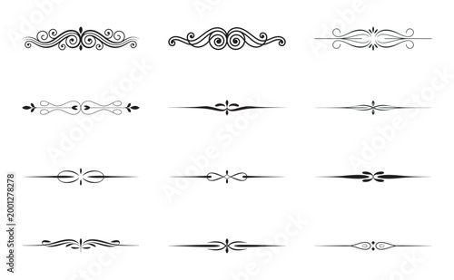 Set of simple black ornamental page dividers and fancy text separators.