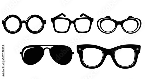 Set of various eyeglasses silhouettes isolated on white background