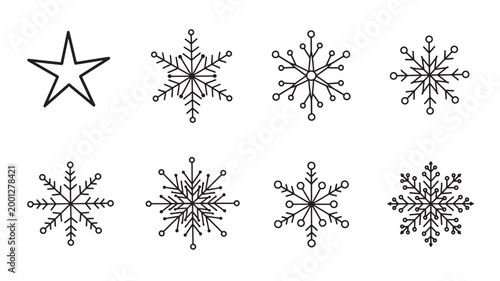 Snowflake icons set with black outline lines for winter holiday design and decorative branding backgrounds