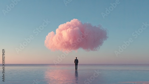 A solitary figure stands on a calm, reflective sea, gazing up at a vibrant pink cloud formation in a surreal and dreamlike landscape.