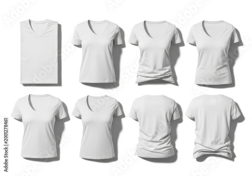 set of blank white women's t-shirts on hangers and flat lay mockup