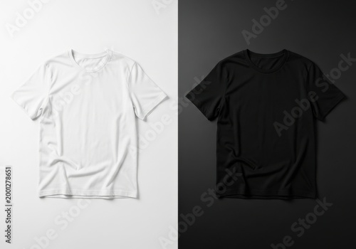 minimalist blank white and black t-shirts on neutral background for mockup design