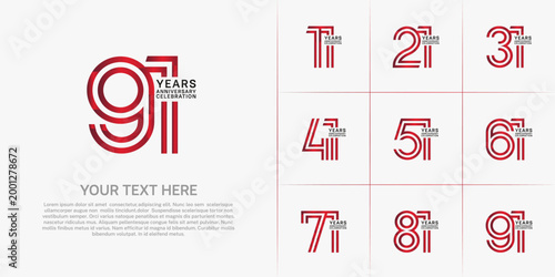 Anniversary logo set with double line number style. red and black color can be use for special moment