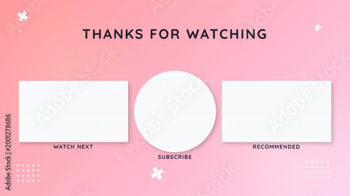 Animated pastel pink social media video channel outro template with thanks for watching text and blank placeholders