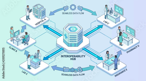 Healthcare Interoperability Hub Diagram, Isometric Medical Data Exchange Network with Hospital, Lab, and Clinic Integration for Digital Health Informatics and Electronic Records