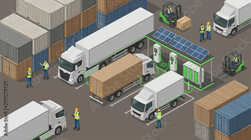 Isometric Electric Truck Charging Station at Logistics Warehouse with Solar Panels and Cargo Containers for Sustainable Supply Chain and Green Transportation Concept