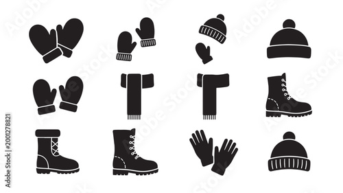 Gloves, mittens, scarves, and winter boots icons set with simple black silhouette style for cold weather