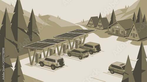 Isometric Solar Powered Electric Vehicle Charging Station in Nature Resort for Sustainable Travel and Green Energy Concept