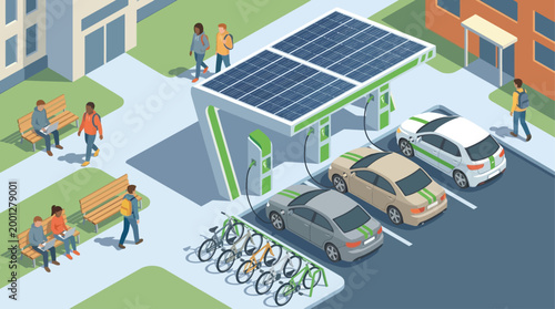 Isometric Solar Powered EV Charging Station and Bicycle Parking with People in Modern City Urban Environment