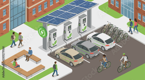Isometric Electric Vehicle Charging Station with Solar Panels, Eco-Friendly Urban Infrastructure and Green Transportation Concept for Sustainable City Planning