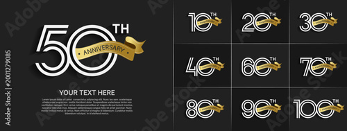 Anniversary logo set with double line number style. white color with gold ribbon can be use for special moment