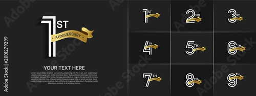 Anniversary logo set with double line number style. white color with gold ribbon can be use for special moment
