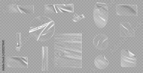 Transparent adhesive plastic tape pieces and cross for fixing isolated on transparent background. Crumpled glue plastic sticky tape for photo and paper fixture.