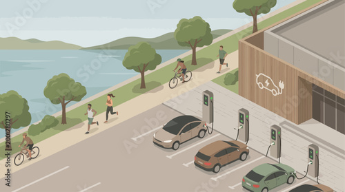 Isometric EV charging station with electric cars and people exercising in eco-friendly city park, sustainable urban mobility concept for green energy and smart city transportation design