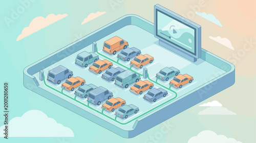 Isometric Electric Vehicle Charging Station with Cars Plugged into Chargers, Sustainable Transport Concept for Green Energy and Eco-Friendly Infrastructure Infographic